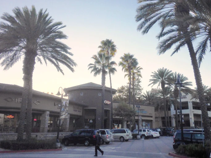 Aliso Viejo downtown picture. Palm trees and a civilian walking